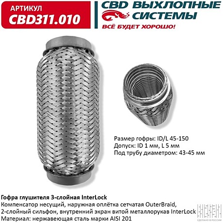Гофра глушителя 45/150 3х слойная