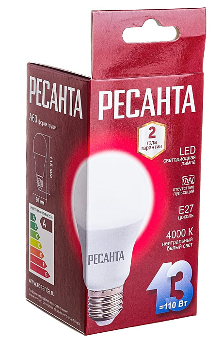 Лампа LED Ресанта A60-13Вт-E27-4000К